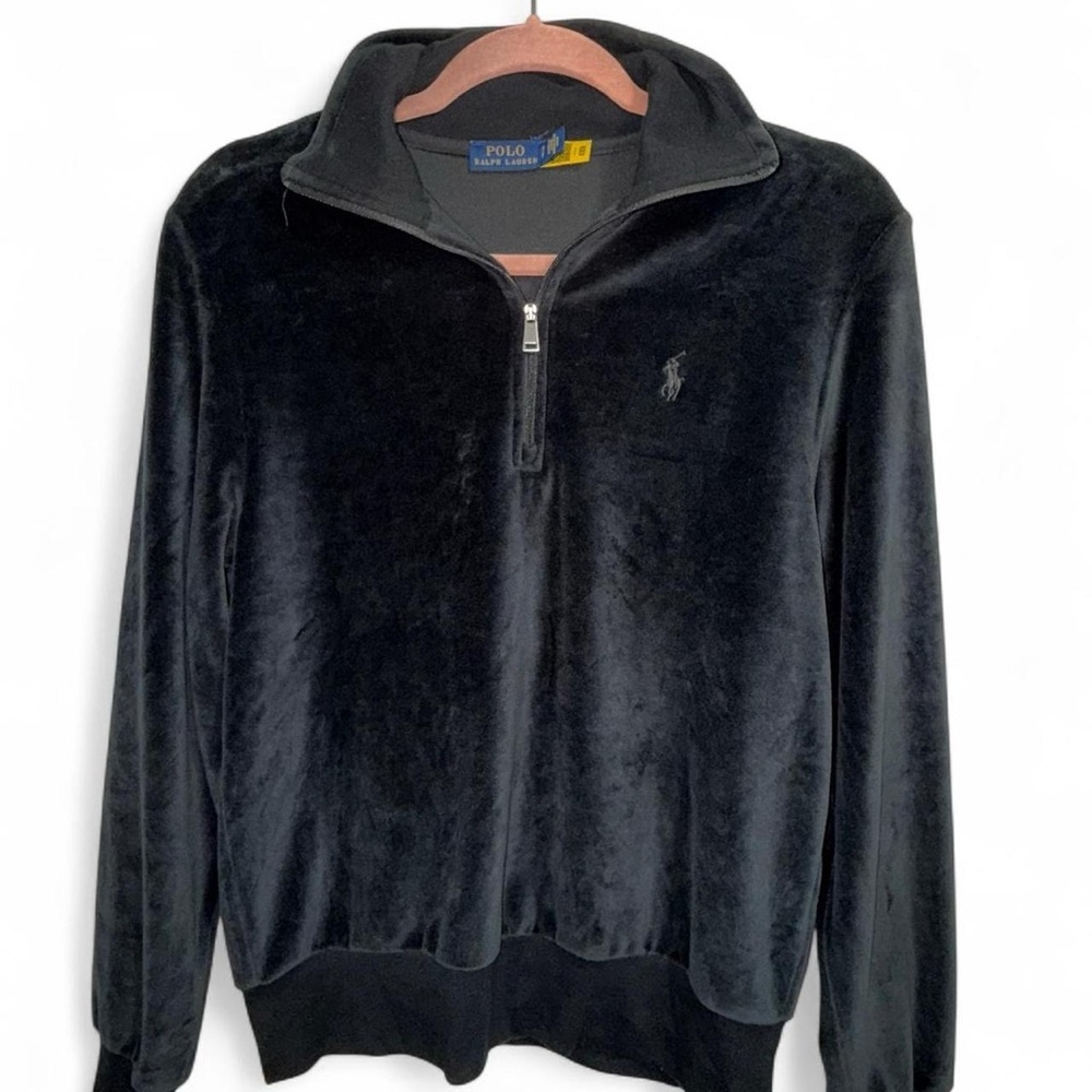 POLO Ralph Lauren 1/4 Zip Velour Pullover Top Black/Black Logo Size S